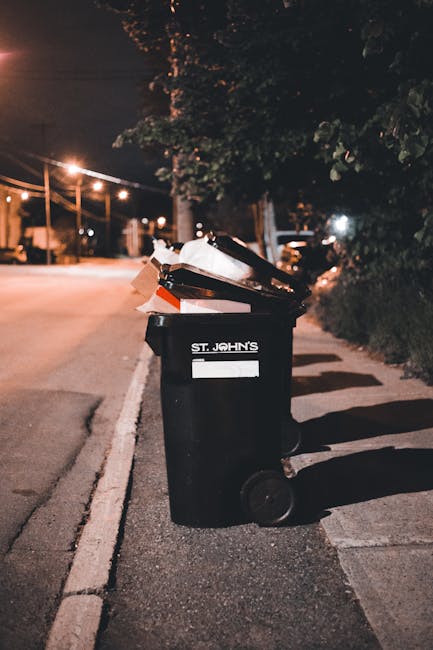 A black wheeled rubbish bin placed on a city pavement at night, with a white label reading 'ST. JOHN'S' affixed to the front. The open lid reveals a mix of discarded waste, including brown paper bags and possibly plastic or cardboard items, some partially visible and leaning against the inside edges of the lid. The bin is situated near the edge of the curb, with a narrow strip of pavement and a line of dark bushes or trees on the right. In the background, streetlights cast a warm, orange glow over the empty street, and a few vehicles are parked along the roadside. The scene suggests an outdoor area in an urban or suburban setting, consistent with private waste collection or rubbish removal activities, supported by local waste management services such as Rubbish Removal Hackney, and aligns with the context of alternative rubbish handling or on-site waste clearance during evening hours.