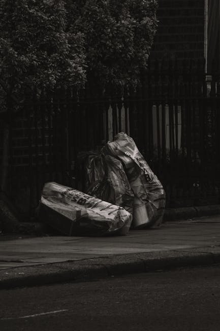 A black wheeled rubbish bin placed on a city pavement at night, with a white label reading 'ST. JOHN'S' affixed to the front. The open lid reveals a mix of discarded waste, including brown paper bags and possibly plastic or cardboard items, some partially visible and leaning against the inside edges of the lid. The bin is situated near the edge of the curb, with a narrow strip of pavement and a line of dark bushes or trees on the right. In the background, streetlights cast a warm, orange glow over the empty street, and a few vehicles are parked along the roadside. The scene suggests an outdoor area in an urban or suburban setting, consistent with private waste collection or rubbish removal activities, supported by local waste management services such as Rubbish Removal Hackney, and aligns with the context of alternative rubbish handling or on-site waste clearance during evening hours.